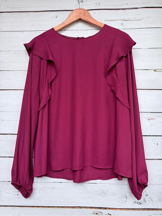 Lush Tops - Lush Plum Long-Sleeve Blouse with Ruffle Shoulder Detail